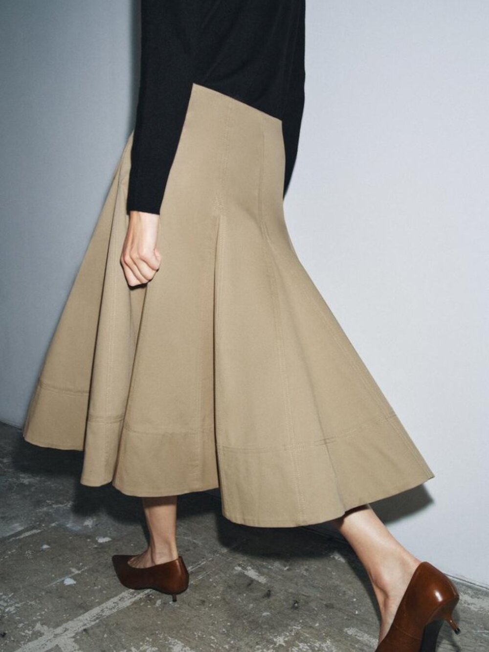 Zara ZW Collection Trench Midi Skirt Light Whiskey Pleated Hem Cotton Large NWT - Picture 6 of 13